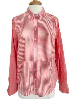 NWT Crown & Ivy Coral White Striped Long Sleeve Button-Down Top Shirt Blouse L